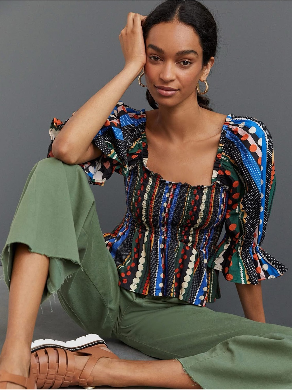 Anthropologie Boho top Conditions apply Multicolor Smocked Peplum Top -